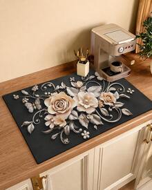 1pc 3D Floral Pattern Absorbent Drying Mat, New Waterproof Kitchen Counter Drying Pad, Soft Silicone Slip-Resistant Quick-Dry Mat For Kitchen, Suitable For Coffee Makers And More - Multicolor - View 3
