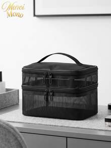 Muroi Mono 1Pc Large‑Capacity Double‑Layer Mesh Cosmetic Bag, Portable Handheld Travel Toiletry Pouch, Multifunctional Makeup Organizer For Vacation, Holiday, Bathroom, Back To School, Beauty Tool Storage - Black - View 1