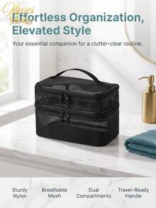 Muroi Mono 1Pc Large‑Capacity Double‑Layer Mesh Cosmetic Bag, Portable Handheld Travel Toiletry Pouch, Multifunctional Makeup Organizer For Vacation, Holiday, Bathroom, Back To School, Beauty Tool Storage - Black - View 2