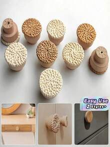 12 Pieces Natural Rattan Round Cabinet Knobs Wooden Drawer Pulls Handles Brown Finish For Kitchen Living Room Bedroom Wardrobe Furniture Decor - multicolor - View 1