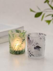 Haus Hana Ink Floral Print Glass Candle Holder, Modern INS Style Aromatherapy Candle Cup & DIY Scented Wax Container, Romantic Table Decor For Bedroom, Living Room, Wedding, Dinner Party, Holiday & Housewarming Gift - multicolor - View 2