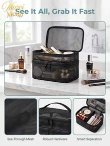 Muroi Mono 1Pc Large‑Capacity Double‑Layer Mesh Cosmetic Bag, Portable Handheld Travel Toiletry Pouch, Multifunctional Makeup Organizer For Vacation, Holiday, Bathroom, Back To School, Beauty Tool Storage - Black - View 3