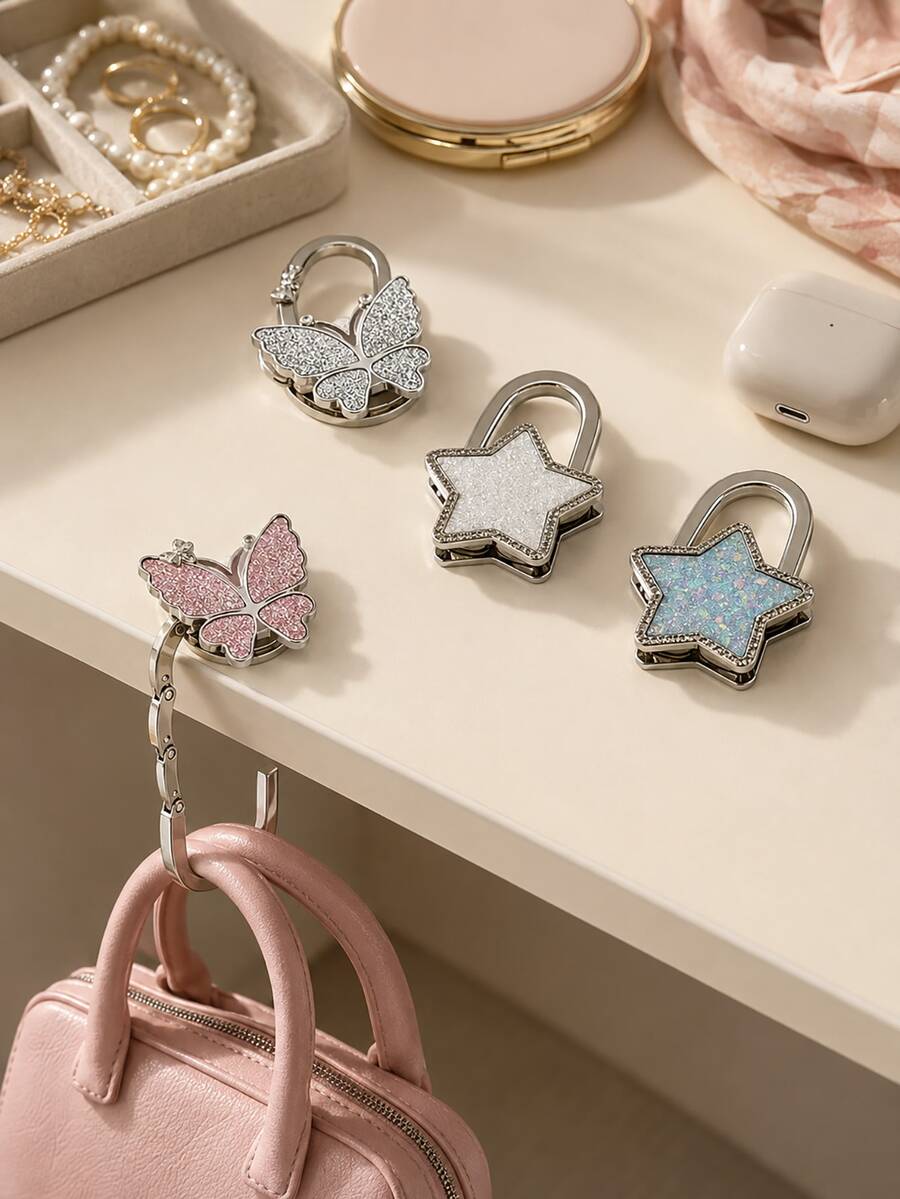 Zazumi 1pc Glitter Butterfly Star Table Bag Hanger, Polished Silver‑Tone Metal Foldable Handbag Hook, Decorative Desktop Bag Holder , Portable Table Edge Accessory Hook ,Apartment Friendly Kitchen, Travel; Great Gift For Spring Or Mother's Day. - Multicolor - View 1