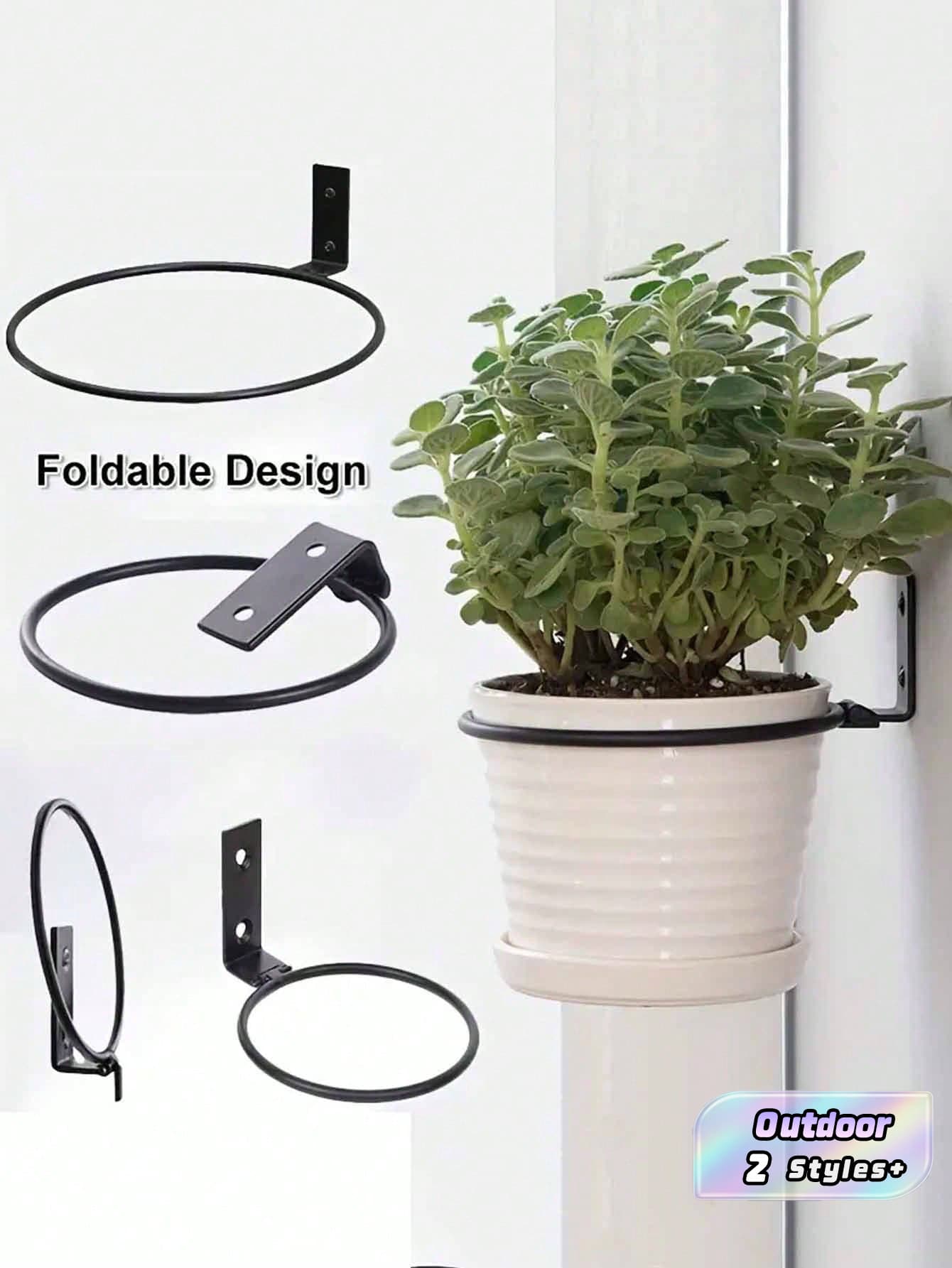 4‑Piece Wall‑Mounted Flower Pot Holder, 6‑Inch/8-Inch Flower Pot Stand, Ring‑Shaped Foldable Iron Flower Pot Hook, Suitable For Indoor And Outdoor Use, Small Foldable Metal Plant Rack, Flower Pot Support For Outdoor Gardens, Balconies - Black - View 1