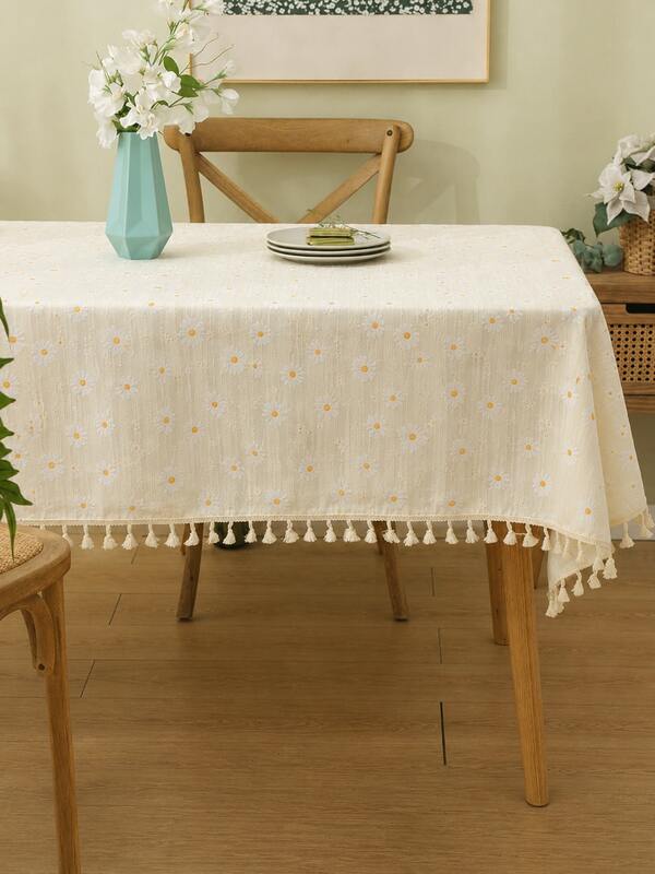 SHEIN 1pc Square Tassel Tablecloth, Fresh Pastoral Style Table Decoration With Daisy Pattern And Tassel Trim, Suitable For Picnic, Party, Room, Kitchen, Home Decor