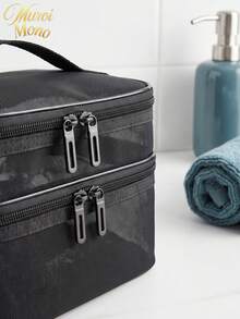 Muroi Mono 1Pc Large‑Capacity Double‑Layer Mesh Cosmetic Bag, Portable Handheld Travel Toiletry Pouch, Multifunctional Makeup Organizer For Vacation, Holiday, Bathroom, Back To School, Beauty Tool Storage - Black - View 4