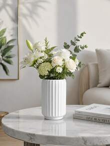 1 White Cylindrical Plastic Vase With Ceramic-Like Texture, Featuring Simple Texture Design And Serving As A Decorative Vase In Modern Nordic Style. It Boasts Geometric Textures, Minimalist Modern Design, A Non-Slip Base And An Elegant Shape - Multicolor - View 2