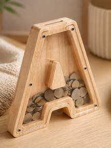 Zazumi 1pcWooden Alphabet Letter Piggy Bank, Transparent Acrylic Coin Savings Box, Desktop Tabletop Ornament, Personalized Initial Decor, Ideal Present, Home Shelf Display - default - View 5