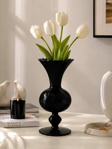 Cirelle 1Pc Vintage Black Glass Pedestal Vase, Wavy‑Rim Goblet‑Style Floral Vessel, Glossy Retro Table Centerpiece, Decorative Flower Holder For Living Room, Entryway & Event Table Styling - default - View 9