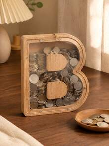 Zazumi 1pcWooden Alphabet Letter Piggy Bank, Transparent Acrylic Coin Savings Box, Desktop Tabletop Ornament, Personalized Initial Decor, Ideal Present, Home Shelf Display - default - View 3