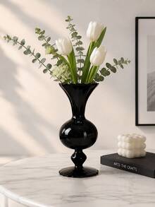Cirelle 1Pc Vintage Black Glass Pedestal Vase, Wavy‑Rim Goblet‑Style Floral Vessel, Glossy Retro Table Centerpiece, Decorative Flower Holder For Living Room, Entryway & Event Table Styling - default - View 6