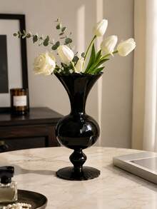Cirelle 1Pc Vintage Black Glass Pedestal Vase, Wavy‑Rim Goblet‑Style Floral Vessel, Glossy Retro Table Centerpiece, Decorative Flower Holder For Living Room, Entryway & Event Table Styling - default - View 10