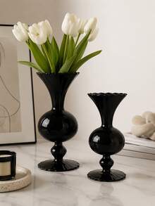 Cirelle 1Pc Vintage Black Glass Pedestal Vase, Wavy‑Rim Goblet‑Style Floral Vessel, Glossy Retro Table Centerpiece, Decorative Flower Holder For Living Room, Entryway & Event Table Styling - default - View 11