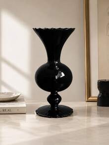 Cirelle 1Pc Vintage Black Glass Pedestal Vase, Wavy‑Rim Goblet‑Style Floral Vessel, Glossy Retro Table Centerpiece, Decorative Flower Holder For Living Room, Entryway & Event Table Styling - default - View 8