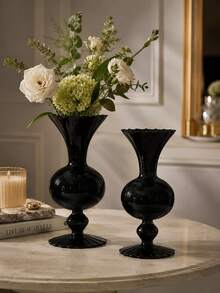 Cirelle 1Pc Vintage Black Glass Pedestal Vase, Wavy‑Rim Goblet‑Style Floral Vessel, Glossy Retro Table Centerpiece, Decorative Flower Holder For Living Room, Entryway & Event Table Styling - default - View 7