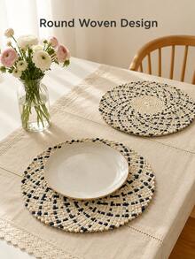 Haus Hana 1/2PCS Round Woven Placemat, Beige And Navy Geometric Pattern With Decorative Scalloped Edge And Textured Woven Detail, Boho Style Table Mat For Dining Table Setting, Kitchen, Everyday Meals, Dinner Parties And Home Table Decor - Multicolor - View 5