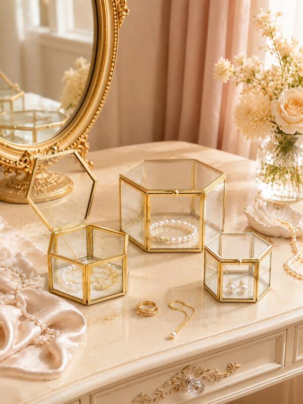 Zazumi 1pc Hexagonal Glass Jewelry Box, Gold Metal Frame, Clear Display Organizer, Lid Design,Decorative Trinket Holder