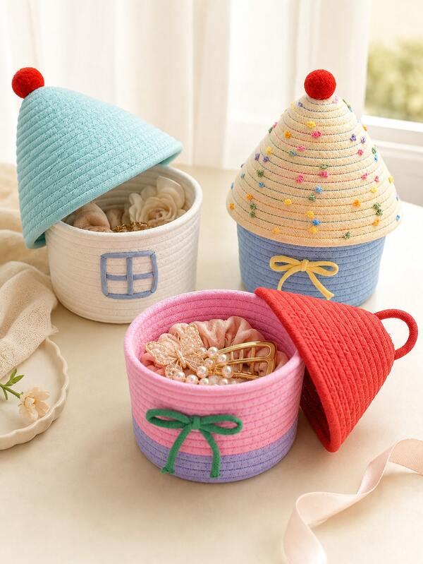 Zazumi 1pc Cute House Shaped Woven Cotton Rope Basket With Lid - Decorative Desktop Organizer