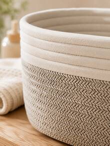 Cirelle 1pc Minimalist Woven Storage Basket, Bohemian Geometric Rattan Container, Suitable For Home And Garden Decor, Desktop Storage, Bathroom And Cosmetic Storage, Natural Wooden Plant Stand, Bohemian Rope Woven Small Item Basket - Grey - View 10