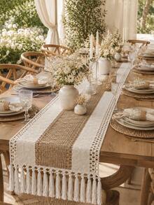 Cirelle 1PC Boho Hollow Woven,Macrame Tassel Table Runner,Contrast Stitching Craft,Striped Table Decor,Dining Coffee Cabinet Tabletop,Home Decor Enthusiasts,Party Wedding Banquet Layout,Farmhouse Style Household Ornament - Beige - View 4