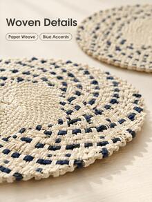 Haus Hana 1/2PCS Round Woven Placemat, Beige And Navy Geometric Pattern With Decorative Scalloped Edge And Textured Woven Detail, Boho Style Table Mat For Dining Table Setting, Kitchen, Everyday Meals, Dinner Parties And Home Table Decor - Multicolor - View 8