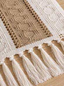 Cirelle 1PC Boho Hollow Woven,Macrame Tassel Table Runner,Contrast Stitching Craft,Striped Table Decor,Dining Coffee Cabinet Tabletop,Home Decor Enthusiasts,Party Wedding Banquet Layout,Farmhouse Style Household Ornament - Beige - View 7
