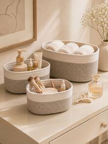 Cirelle 1pc Minimalist Woven Storage Basket, Bohemian Geometric Rattan Container, Suitable For Home And Garden Decor, Desktop Storage, Bathroom And Cosmetic Storage, Natural Wooden Plant Stand, Bohemian Rope Woven Small Item Basket - Grey - View 3