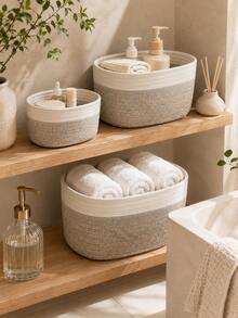 Cirelle 1pc Minimalist Woven Storage Basket, Bohemian Geometric Rattan Container, Suitable For Home And Garden Decor, Desktop Storage, Bathroom And Cosmetic Storage, Natural Wooden Plant Stand, Bohemian Rope Woven Small Item Basket - Grey - View 2