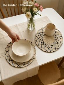Haus Hana 1/2PCS Round Woven Placemat, Beige And Navy Geometric Pattern With Decorative Scalloped Edge And Textured Woven Detail, Boho Style Table Mat For Dining Table Setting, Kitchen, Everyday Meals, Dinner Parties And Home Table Decor - Multicolor - View 6