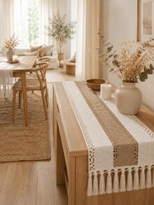 Cirelle 1PC Boho Hollow Woven,Macrame Tassel Table Runner,Contrast Stitching Craft,Striped Table Decor,Dining Coffee Cabinet Tabletop,Home Decor Enthusiasts,Party Wedding Banquet Layout,Farmhouse Style Household Ornament - Beige - View 3