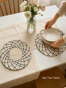 Haus Hana 1/2PCS Round Woven Placemat, Beige And Navy Geometric Pattern With Decorative Scalloped Edge And Textured Woven Detail, Boho Style Table Mat For Dining Table Setting, Kitchen, Everyday Meals, Dinner Parties And Home Table Decor - Multicolor - View 10