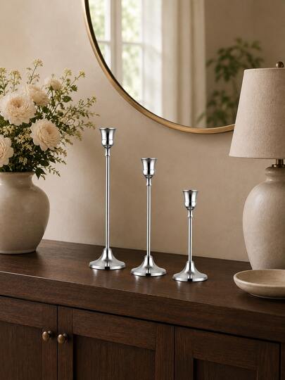 Zazumi 1pc/3pcs/12pcs Silver Metal,Modern Taper Candle Holder,Tabletop Candlestick For Taper Candles,Decorative Candelabra,Home Dining Table Mantel Decor,For 20‑60years,Christmas Decrotions,Christmas Ornaments,Fall Decor For Home