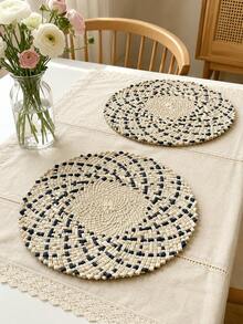 Haus Hana 1/2PCS Round Woven Placemat, Beige And Navy Geometric Pattern With Decorative Scalloped Edge And Textured Woven Detail, Boho Style Table Mat For Dining Table Setting, Kitchen, Everyday Meals, Dinner Parties And Home Table Decor - Multicolor - View 1