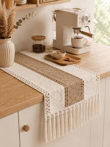 Cirelle 1PC Boho Hollow Woven,Macrame Tassel Table Runner,Contrast Stitching Craft,Striped Table Decor,Dining Coffee Cabinet Tabletop,Home Decor Enthusiasts,Party Wedding Banquet Layout,Farmhouse Style Household Ornament - Beige - View 8