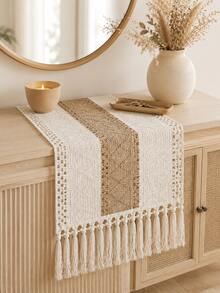 Cirelle 1PC Boho Hollow Woven,Macrame Tassel Table Runner,Contrast Stitching Craft,Striped Table Decor,Dining Coffee Cabinet Tabletop,Home Decor Enthusiasts,Party Wedding Banquet Layout,Farmhouse Style Household Ornament - Beige - View 9