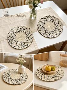 Haus Hana 1/2PCS Round Woven Placemat, Beige And Navy Geometric Pattern With Decorative Scalloped Edge And Textured Woven Detail, Boho Style Table Mat For Dining Table Setting, Kitchen, Everyday Meals, Dinner Parties And Home Table Decor - Multicolor - View 9