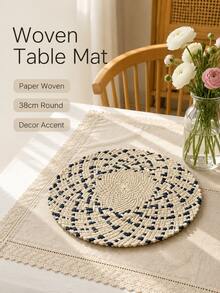 Haus Hana 1/2PCS Round Woven Placemat, Beige And Navy Geometric Pattern With Decorative Scalloped Edge And Textured Woven Detail, Boho Style Table Mat For Dining Table Setting, Kitchen, Everyday Meals, Dinner Parties And Home Table Decor - Multicolor - View 4