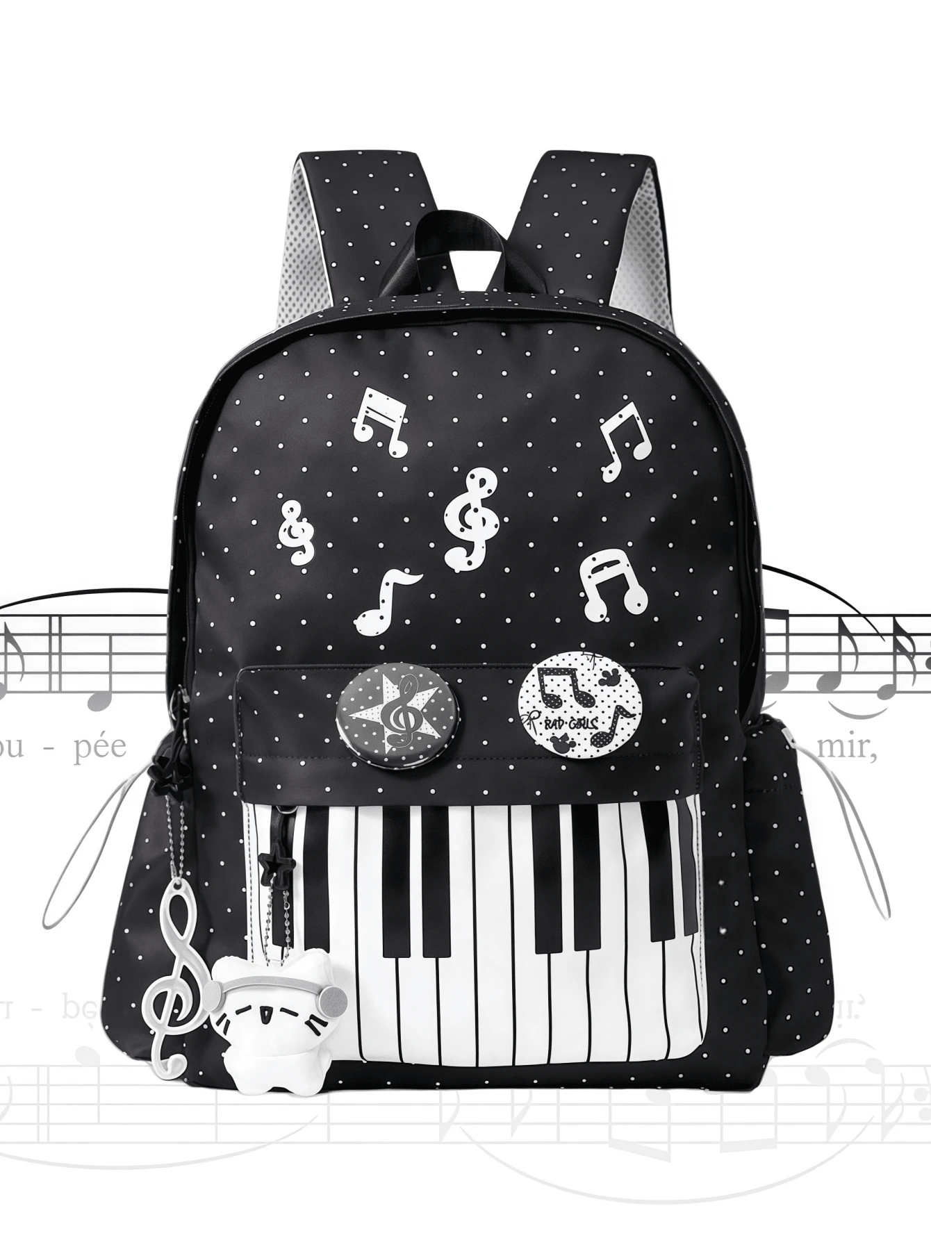 ROMWE Grunge Punk Punk Style Cat Paw, Bone, Star Print Contrast Color Multi-Pocket Black Backpack, Fashionable Casual Unisex Large Capacity Bag Suitable For Commuting, School - Black and White - View 1