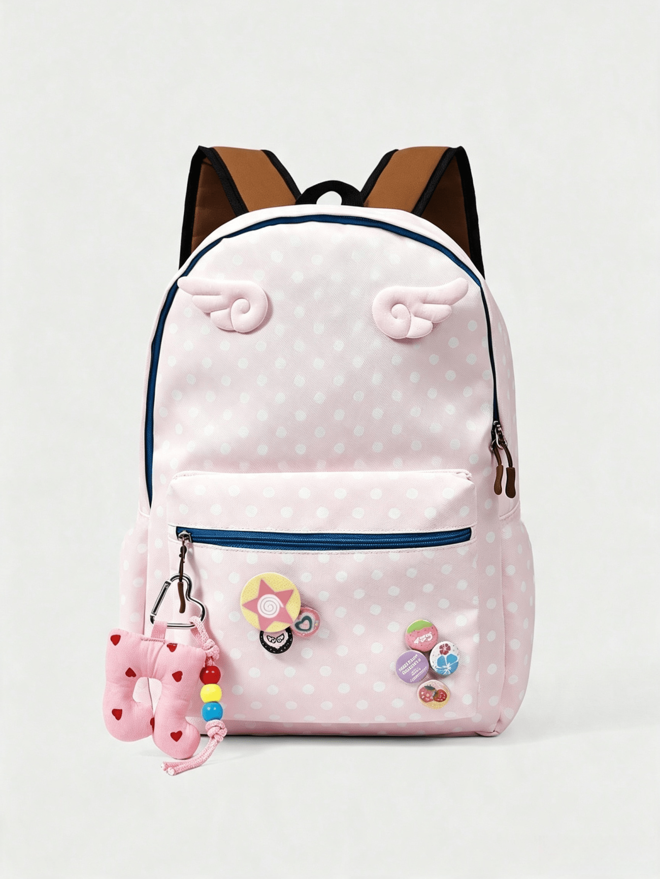 1 pezzo Zaino da donna stile kawaii college con ali, motivo a pois e ciondolo badge nota, decorativo, multi-tasche, casual alla moda, grande capacità, stile cartone animato carino, adatto per scuola, pendolarismo e uso quotidiano