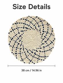Haus Hana 1/2PCS Round Woven Placemat, Beige And Navy Geometric Pattern With Decorative Scalloped Edge And Textured Woven Detail, Boho Style Table Mat For Dining Table Setting, Kitchen, Everyday Meals, Dinner Parties And Home Table Decor - Multicolor - View 3