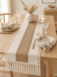 Cirelle 1PC Boho Hollow Woven,Macrame Tassel Table Runner,Contrast Stitching Craft,Striped Table Decor,Dining Coffee Cabinet Tabletop,Home Decor Enthusiasts,Party Wedding Banquet Layout,Farmhouse Style Household Ornament - Beige - View 10