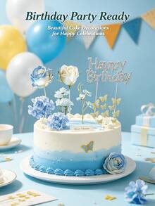 19 Buah Hiasan Kue Kupu-kupu dan Mawar Biru – Dekorasi Bunga Selamat Ulang Tahun, Tusuk Kue Kupu-kupu & Bunga 3D untuk Pesta Anak Perempuan - Beraneka warna - View 2