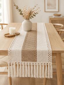 Cirelle 1PC Boho Hollow Woven,Macrame Tassel Table Runner,Contrast Stitching Craft,Striped Table Decor,Dining Coffee Cabinet Tabletop,Home Decor Enthusiasts,Party Wedding Banquet Layout,Farmhouse Style Household Ornament - Beige - View 2