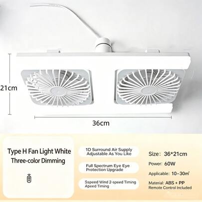 1pc 60W Dual‑Head 360°Rotatable Fan Light, Full‑Spectrum Eye‑Care E27 Universal Screw‑In LED Ceiling Fan Lamp, 3 Wind‑Speed Levels, 3‑Tone Dimmable Lighting, Timing Function, Remote‑Controlled Fan Ceiling Light For Bedroom Living Room Kitchen