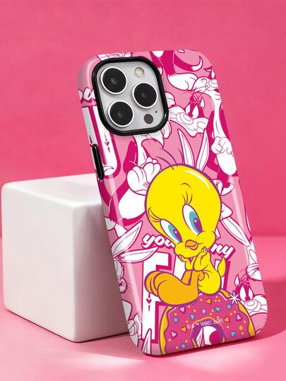 ShellaStory LOONEY TUNES X SHEIN Cartoon Little Yellow Duck Pink Doughnut Two-In-One Phone Case,With A Shiny Surface And Upgraded Design, Compatible With IPhone 11, 12, 13, 14, 15, 16, 17 Pro Max, A16, A17, A15, A14, A55, A56, A35, A36, S22, 23, S24, S25