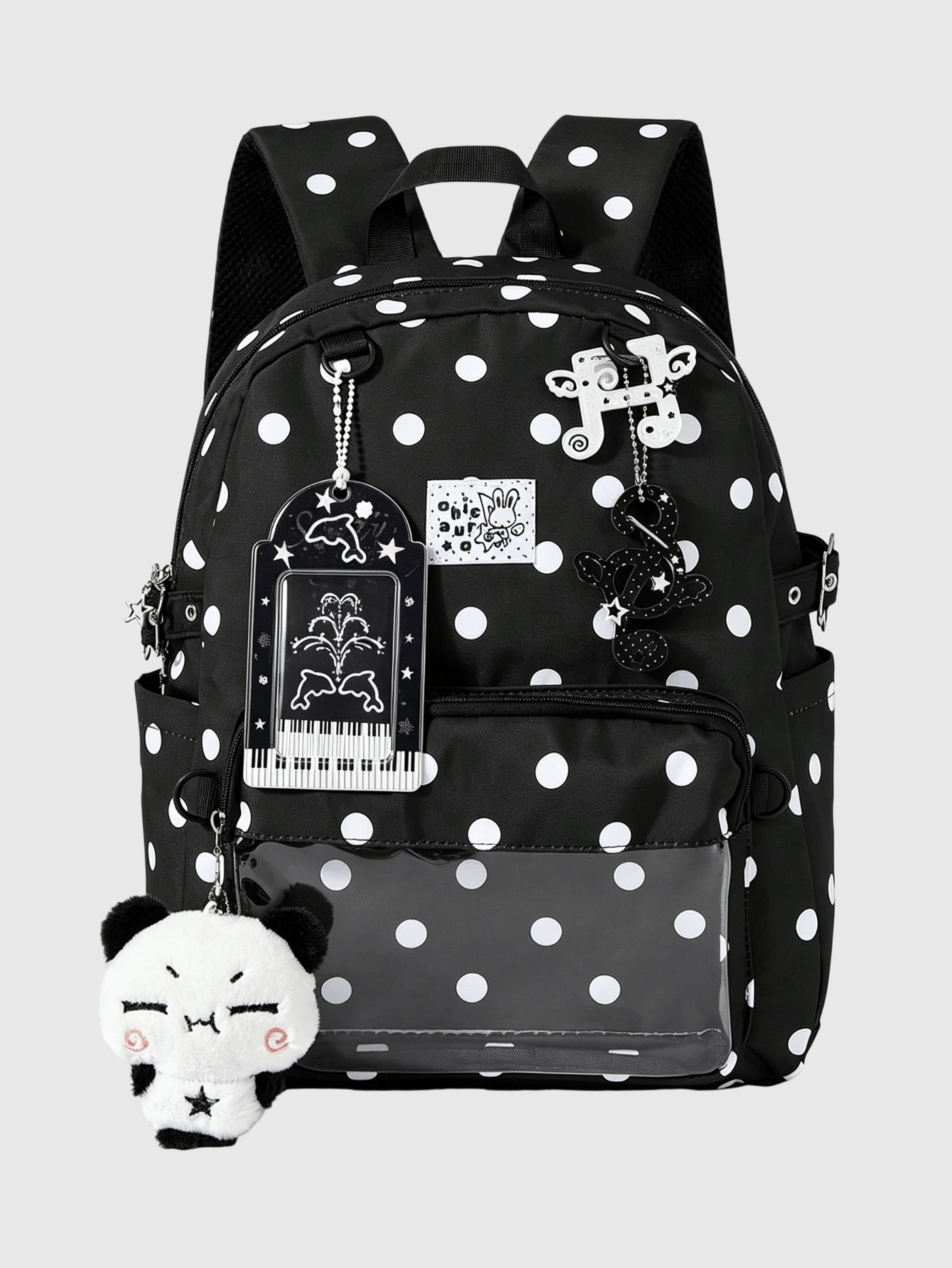 Anime 1 Stück College Polka Punkt bedruckter Klaviertasten Kartenhülle, Musiknoten Bergsteiger Schnalle, Panda dekoratives Design, mehrstufige Tasche mit Stern Reißverschluss Rucksack, modisch und lässig, unisex Großraumrucksack, geeignet für Pendeln und Schule
