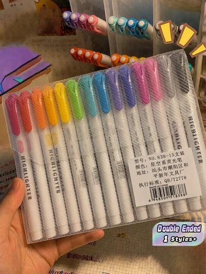 Double Ended Mild Color Highlighters 15Pcs, 17*14cm Dual Tip Marker Pens, Perfect For Highlighting, Coloring & School Supplies