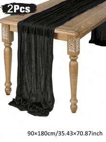 1/2/5 Packs Polyester Black Gauze Pleated Table Runner For Holiday Graduation, Birthday Party Decoration, Wedding Supplies, Holiday Home Party Room Table Decoration, Party, - black - View 9