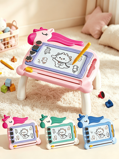 Unicorn Shaped Magnetic Drawing Board With Optional Table Legs,3 Colors Available,Erasable Sketch Pad With Stamps & Pen, Suitable For 18M+ Kids Gift