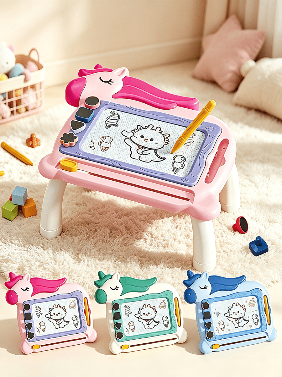 Unicorn Shaped Magnetic Drawing Board With Optional Table Legs,3 Colors Available,Erasable Sketch Pad With Stamps & Pen, Suitable For 18M+ Kids Gift